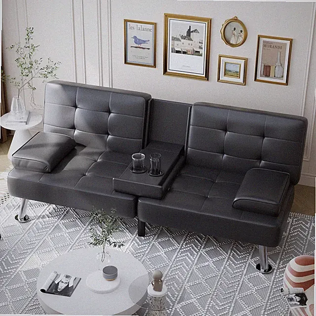 65" Black Leather Convertible Futon Sofa Bed Loveseat Couch 3-Position w