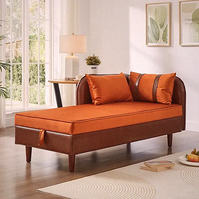 65" Chaise Lounge Sofa w/ Storage, Orange Velvet Brown PU, Modern Living Room