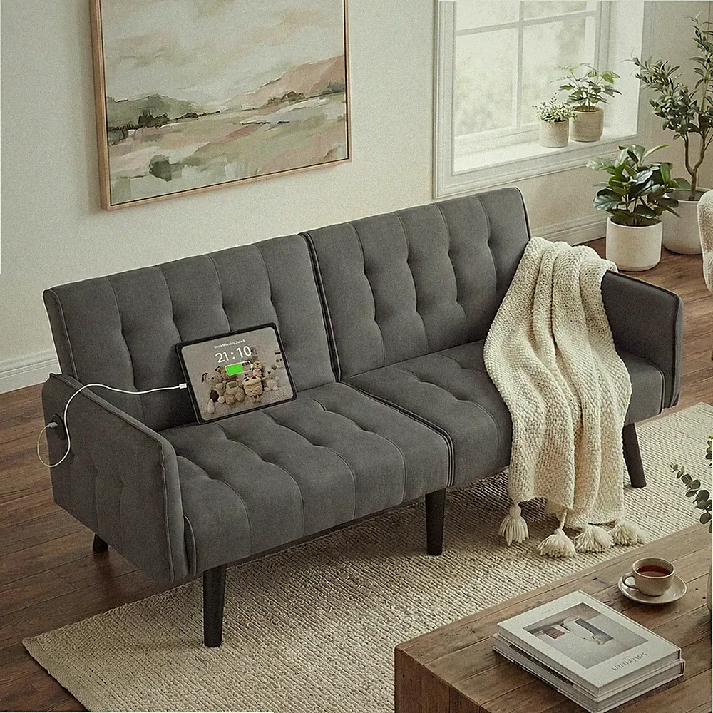 65“ Convertible Futon Sofa Bed w/ 2 USB, Upholstered Tufted Small