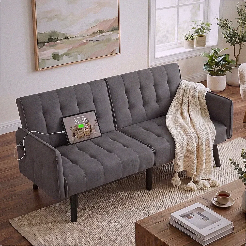 65'' Convertible Futon Sofa Bed with USB, Small Couch for Living Room | Sleeper