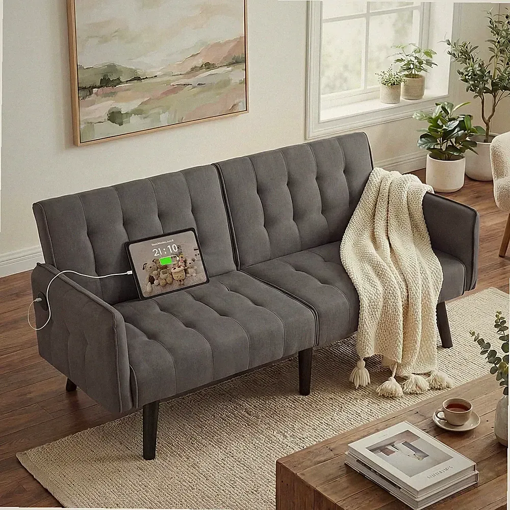 65'' Convertible Futon Sofa Bed with USB, Small Couch for Living Room | Sleeper