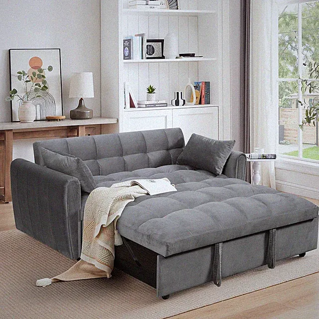 65" Dark Gray Velvet Futon Sofa Bed Convertible Sleeper Couch w/Pillows