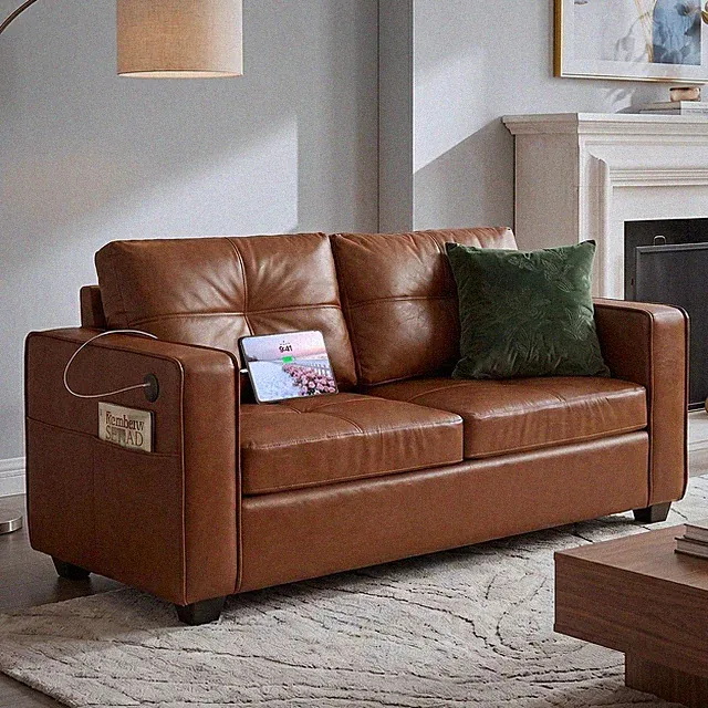 65 Faux Leather Loveseat USB Charging Ports Tufted Wide Arms Brown 2 Seater Sofa