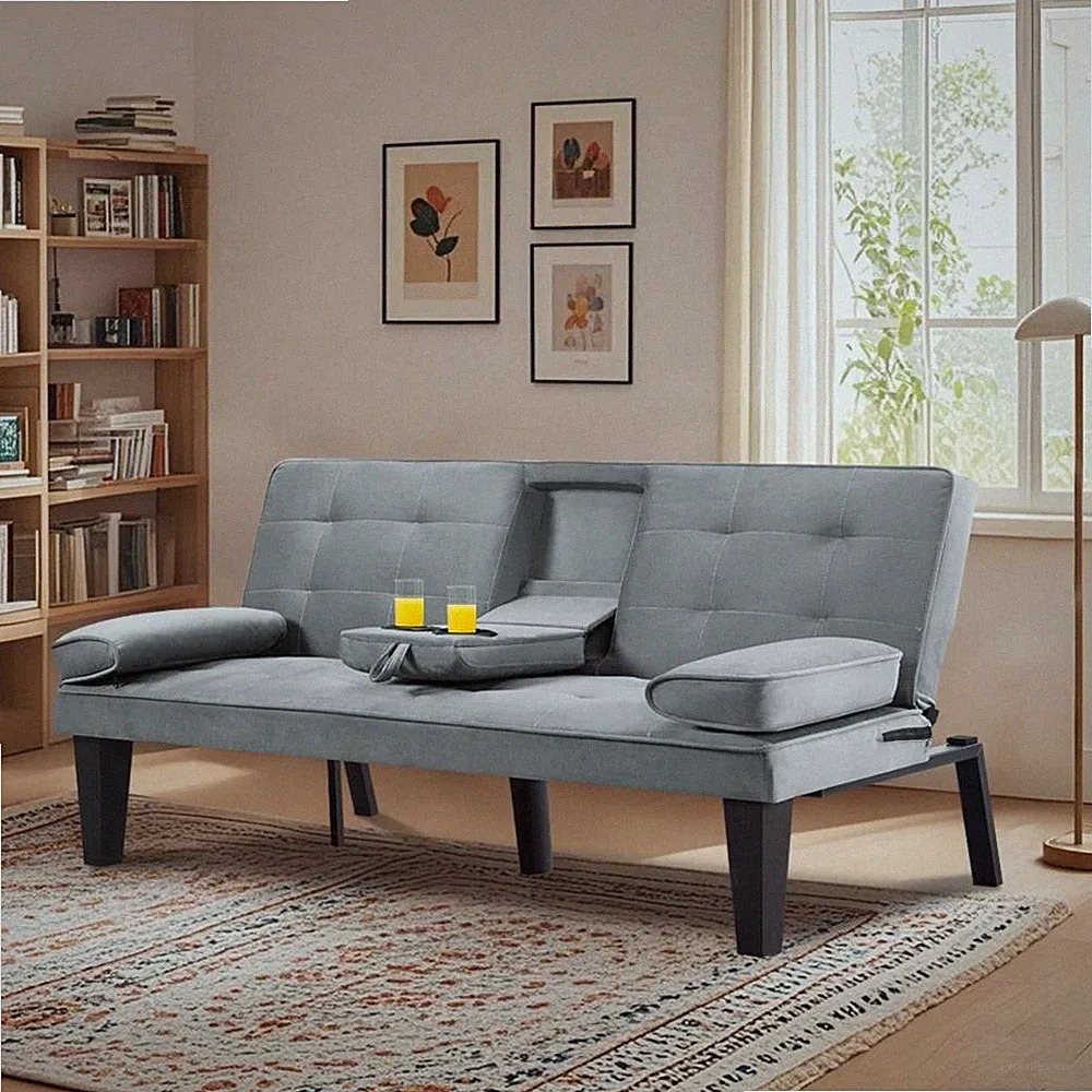 65" Futon Sofa Bed Sleeper Twin Size with Cup Holders Linen Tufted Back Chrome
