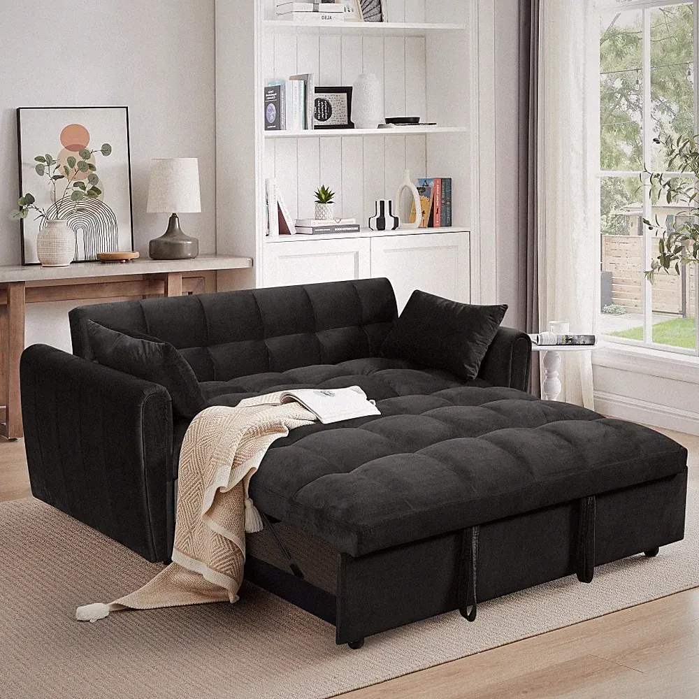 65 Inch 3 in 1 Foldable Velvet Sofa Bed Contemporary 2 Seat Adjustable Back