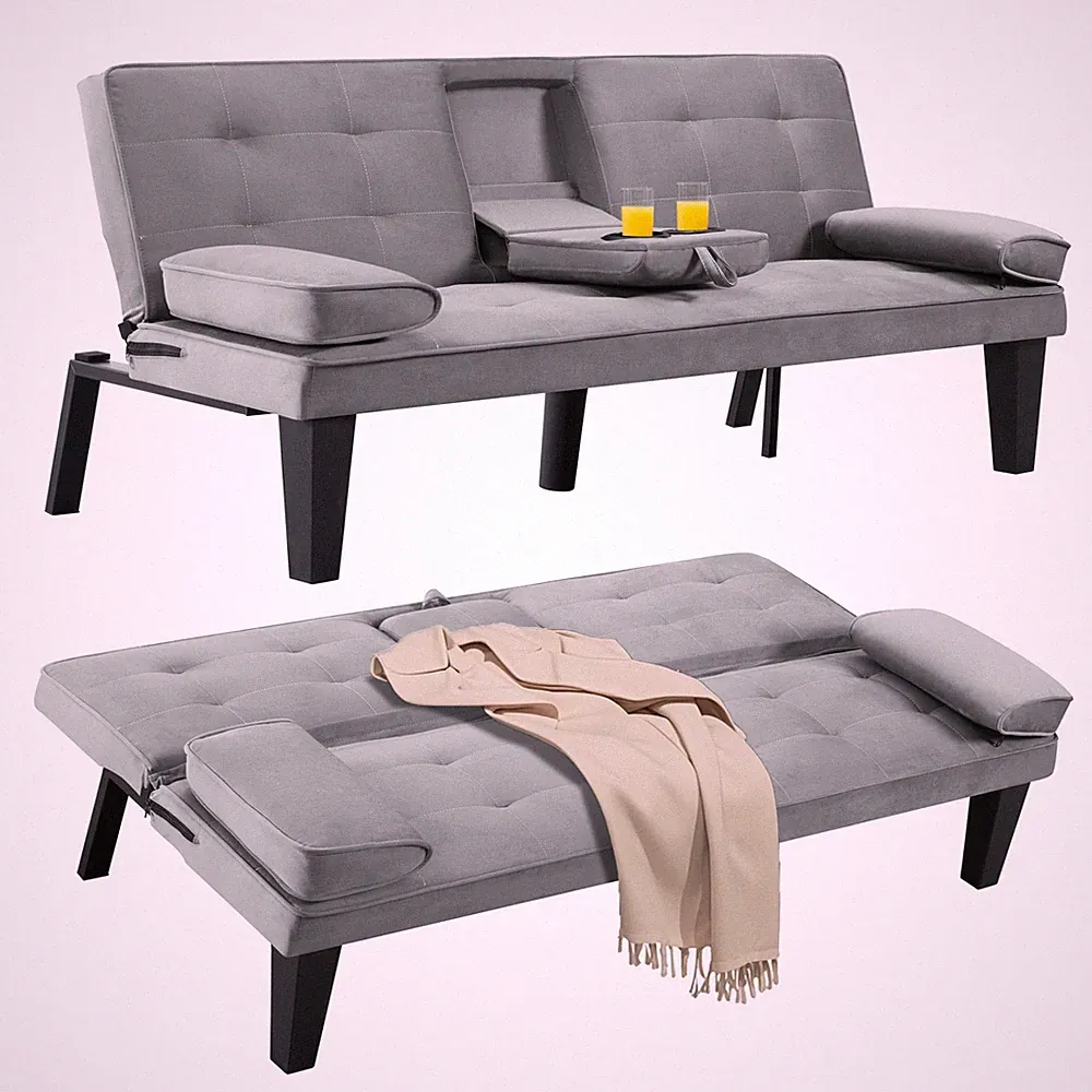 65" Linen Futon Sofa Bed with Cup Holders, Adjustable Backrest, Light Grey
