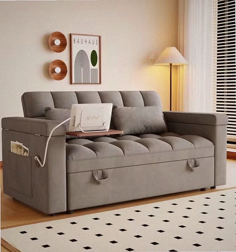 65”Modern Large 3-in-1 Foldable Sofa Bed with Table Board & Storage Armrests