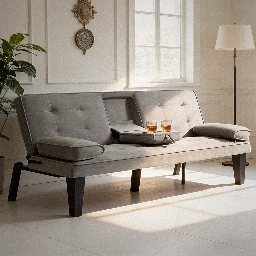 65" Modern Linen Futon Sofa Bed with Drop down Cup Holders, 3-Position Adjustabl
