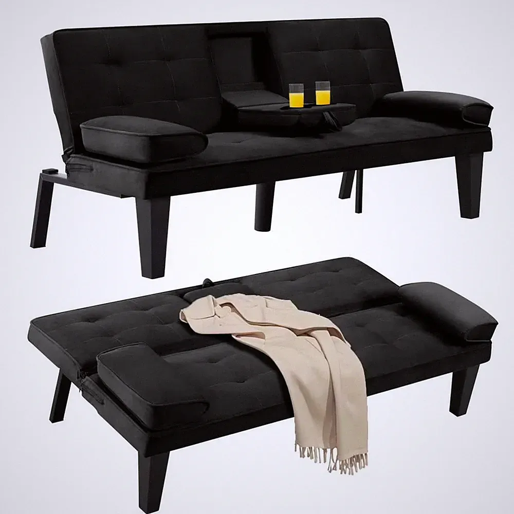 65" Modern Linen Futon Sofa Bed with Drop down Cup Holders, 3-Position Adjustabl
