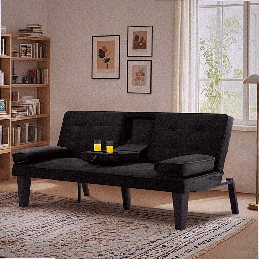 65" Modern Polyester Futon Sofa Bed Black Cup Holder Convertible Living Room