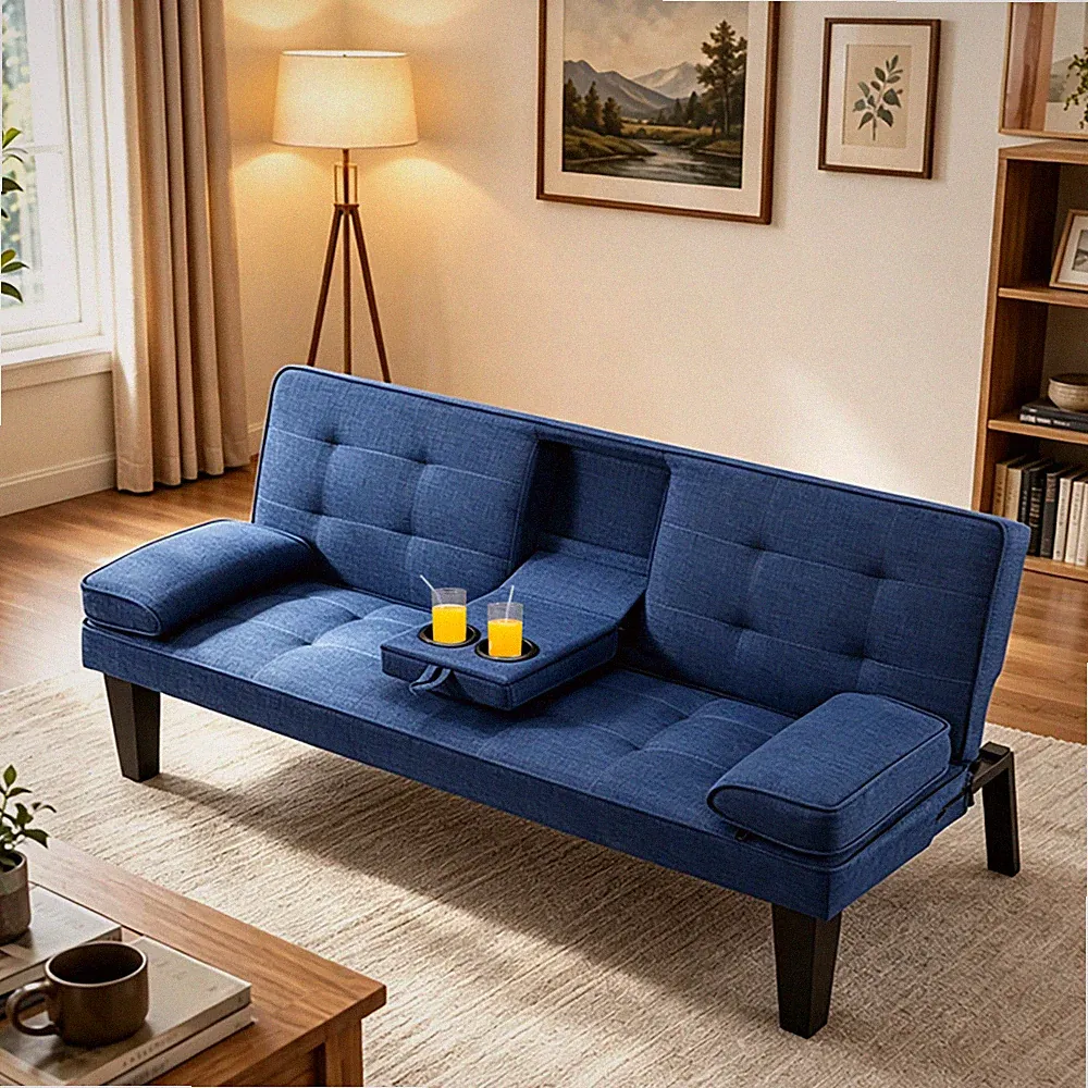 65" Polyester Futon Sofa Bed Navy Cup Holder Foldable Convertible Couch