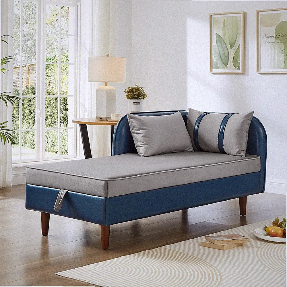 65" Storage Chaise Lounge Sofa, Blue & Grey Velvet, PU Leather, w/Hidden Storage