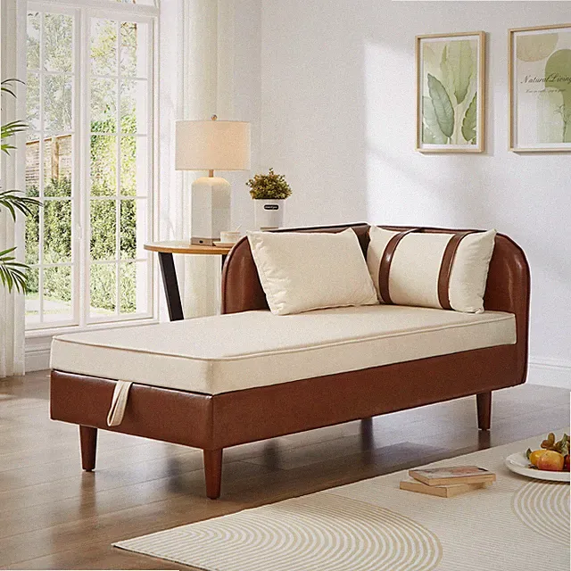 65" Storage Chaise Lounge Sofa Brown PU and Beige Velvet