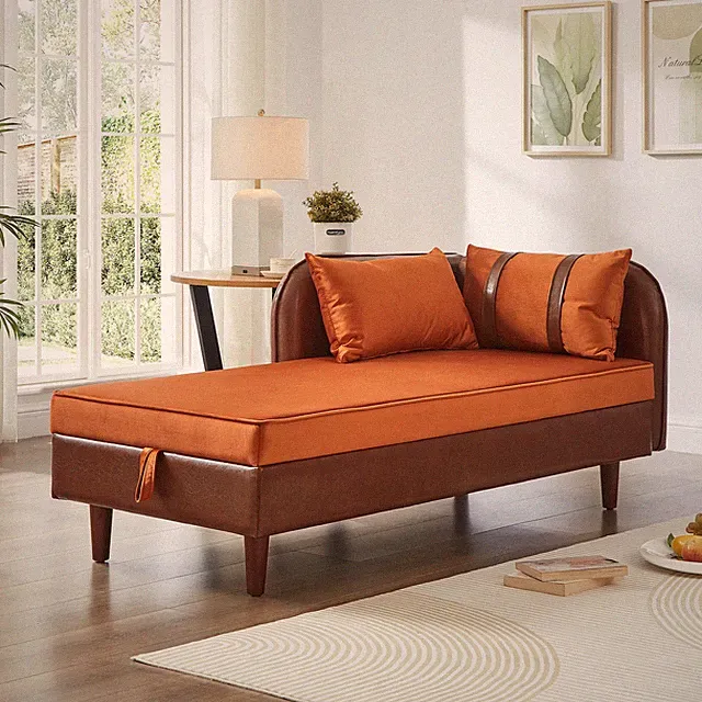 65" Storage Chaise Lounge Sofa Brown PU and Orange Velvet