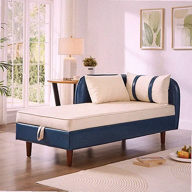 65" Storage Chaise Lounge Sofa Navy Blue PU and Beige Velvet