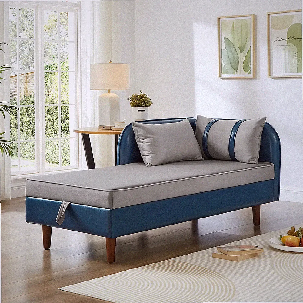 65" Storage Chaise Lounge Sofa Navy Blue PU and Light Gray Velvet Chaise Lounge