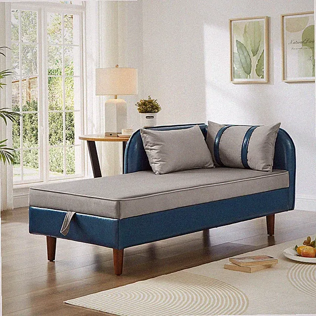 65" Storage Chaise Lounge Sofa Navy Blue PU and Light Gray Velvet