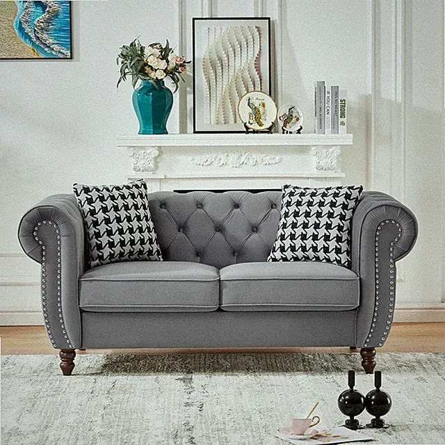 65" Velvet Chesterfield Sofa with Rolled Arms & Nailhead Trim, Grey