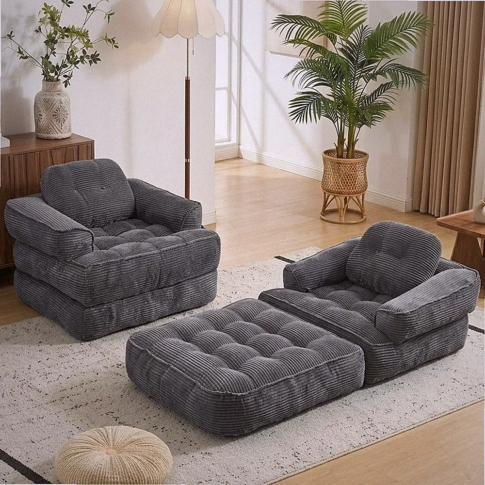 66.9" Folding Sofa Bed, Corduroy Convertible Sleeper with Pillows, Dark Gray
