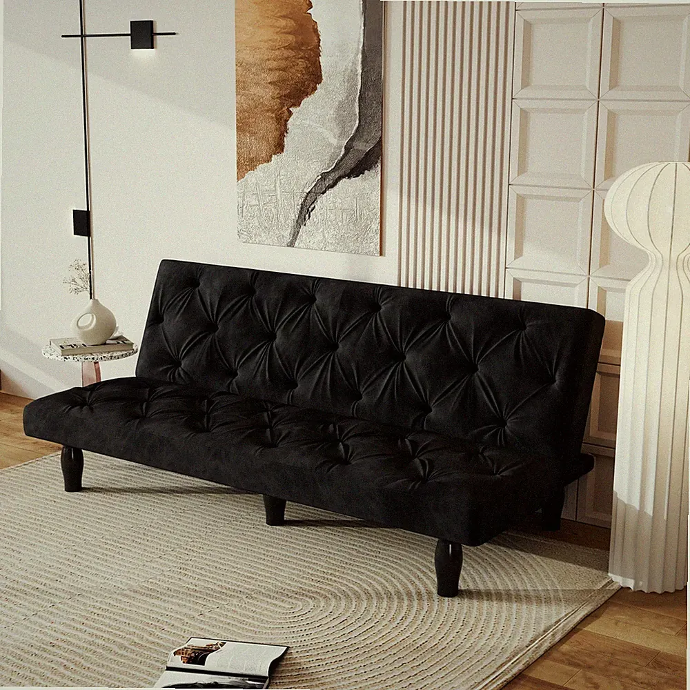 66" Black Velvet Convertible Sofa Bed, 3-Position Adjustable, 500 lbs Capacity