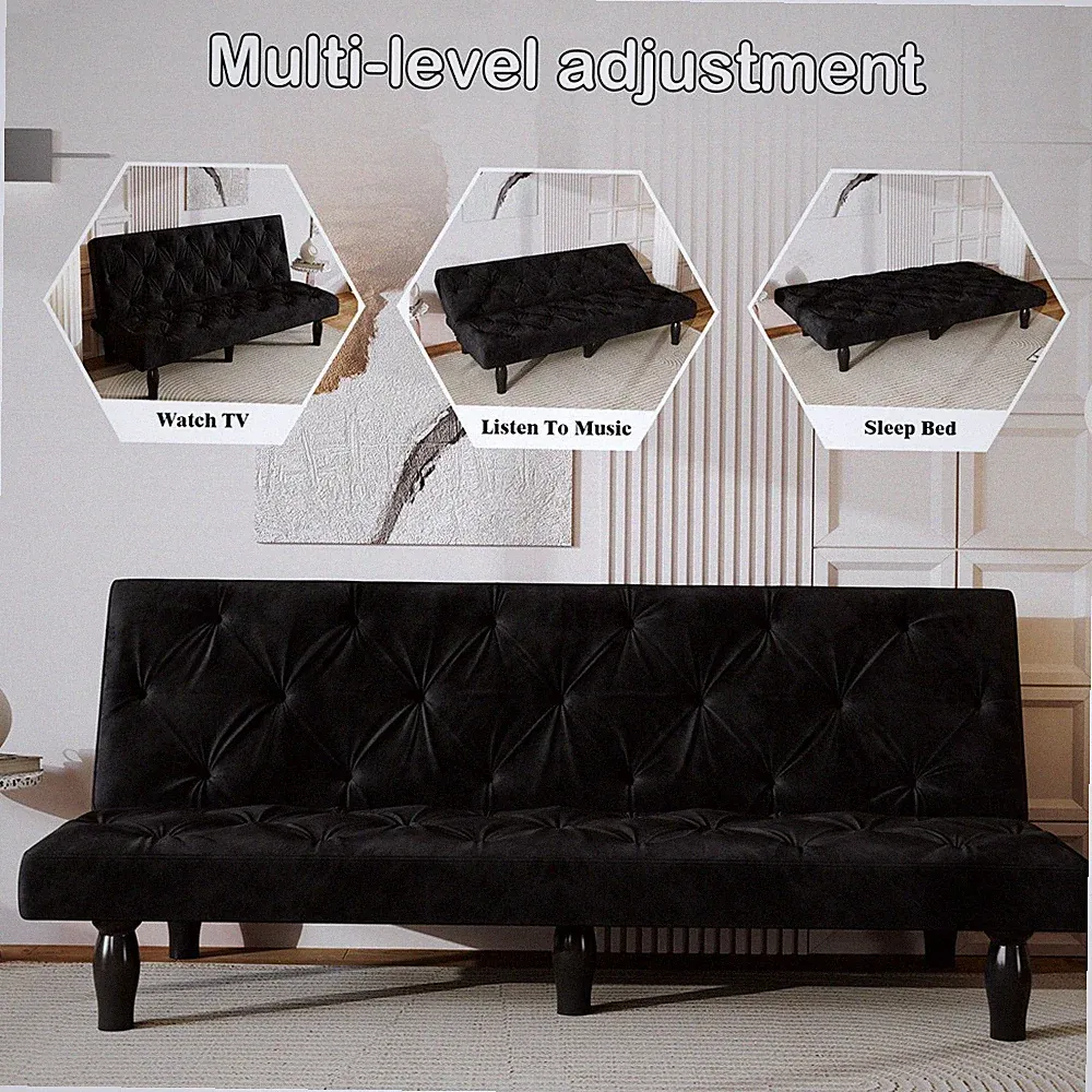 66" Black Velvet Sofa Bed for Family Living Rooms Apartments and Bedrooms
