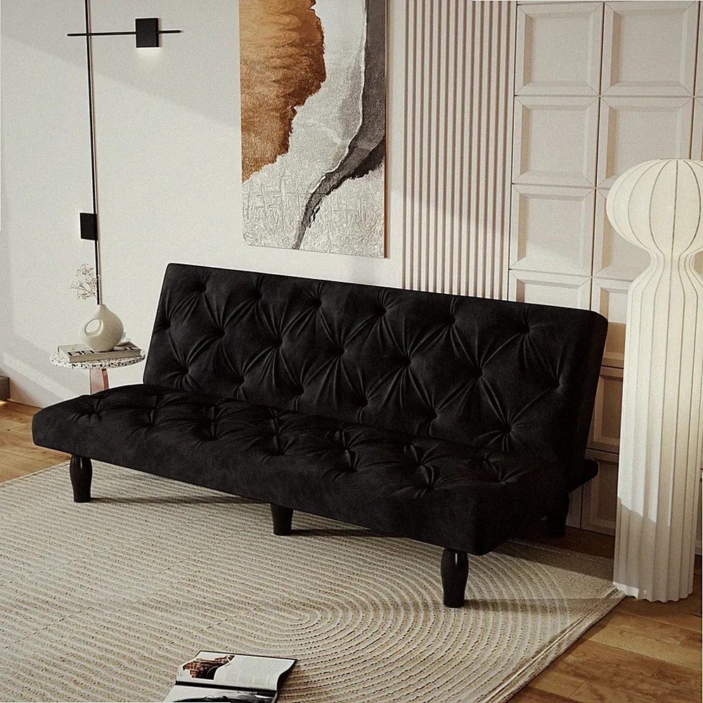 66" Black Velvet Sofa Bed, Tufted Back, Adjustable Positions