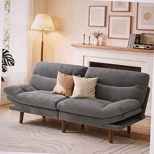 66" Futon Sofa Bed, Convertible Corduroy Futon Couch with 66 inch Light Gray