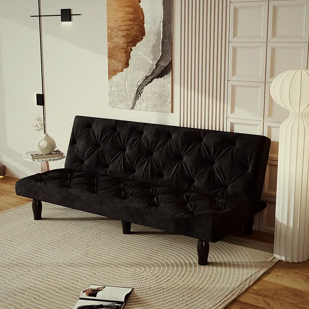 66 in Black Velvet Sofa Bed Transforms Seamlessly Ideal for Family Living Rooms