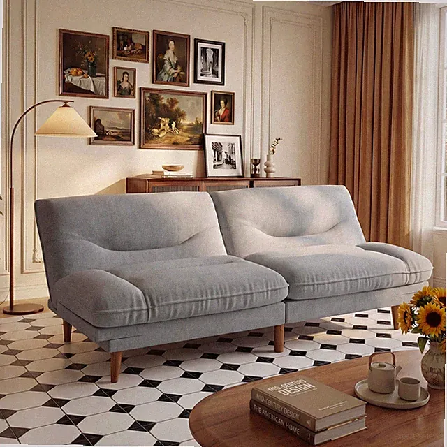 66 inch Adjustable Futon Sofa Bed Loveseat Armrest Backrest Pale Gray Fabric