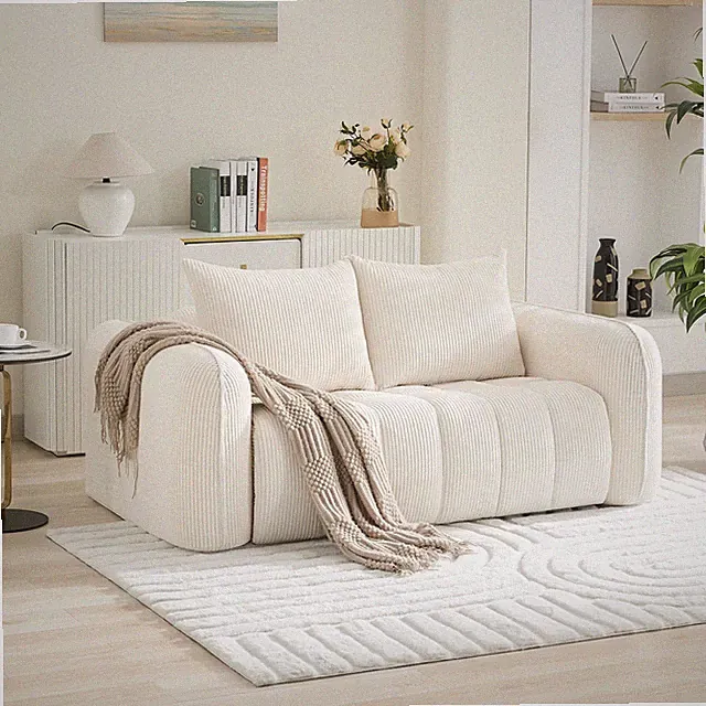 66 Inch Loveseat Sofa Deep Seat Cloud Couch Corduroy White No Assembly