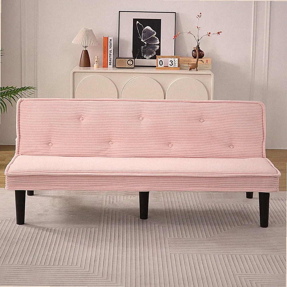 66" Modern Contemporary Corduroy Futon Sofa Bed Pink Adjustable Backrest Tufted