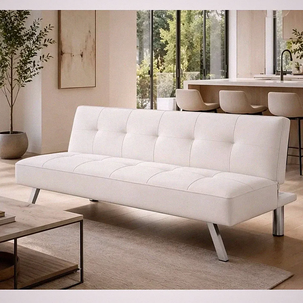 66" Modern Contemporary Futon Sofa Bed Beige 3-in-1 Loveseat Tufted Living Room
