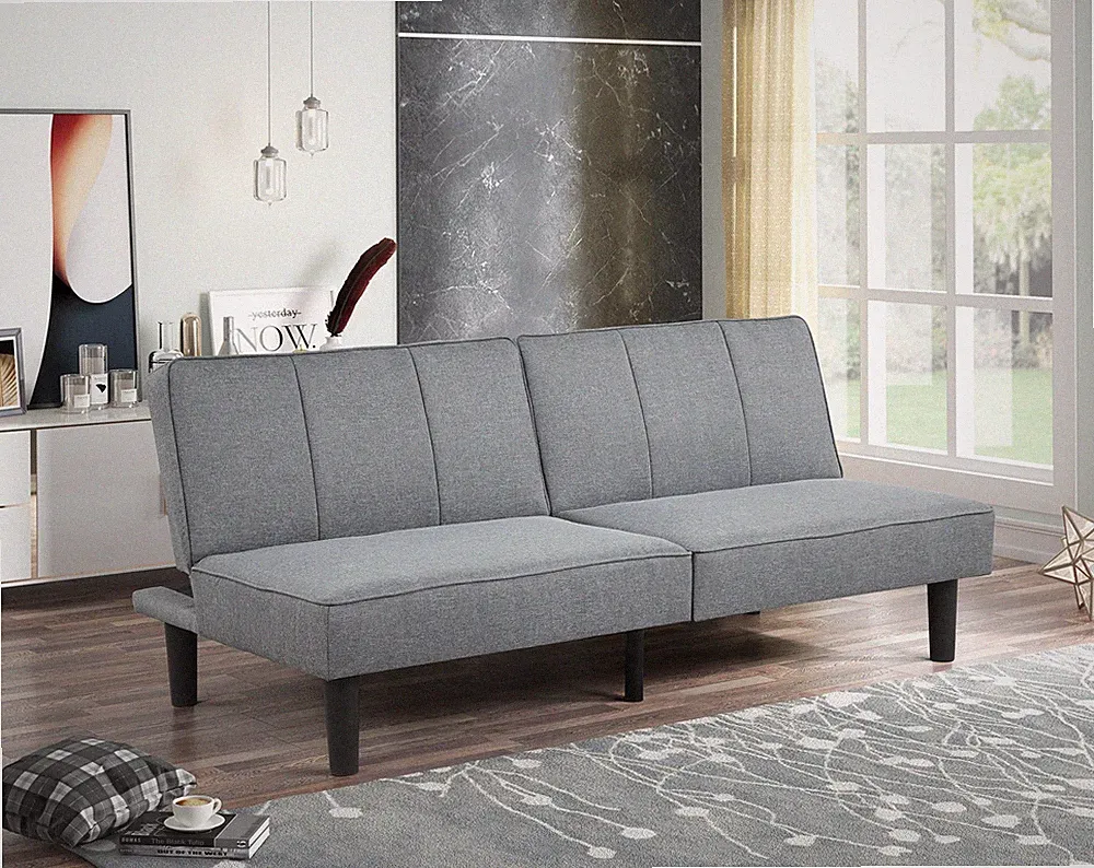 66" Modern Convertible Futon Gray Upholstered Split-Back Sofa Bed Sleeper Linen