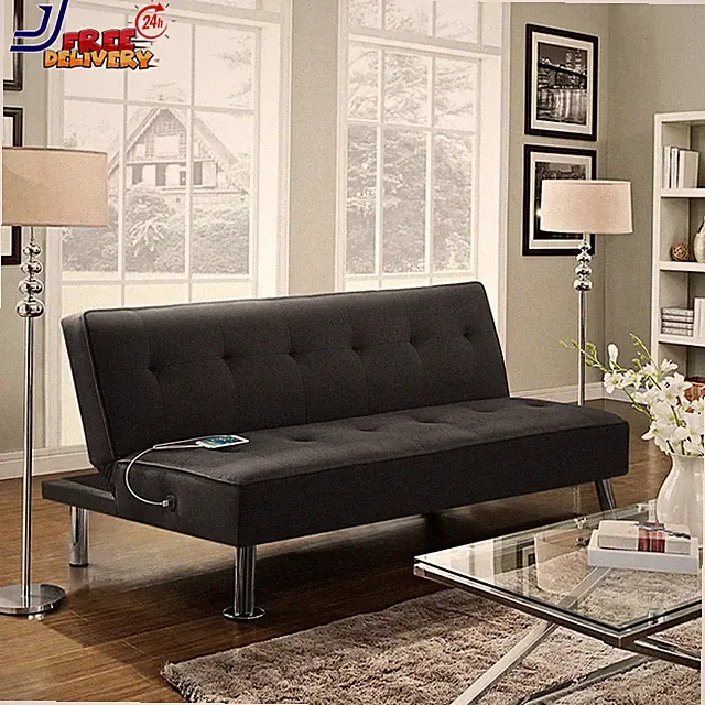 66" Modern Fabric Convertible Futon Sofa Bed with USB Black