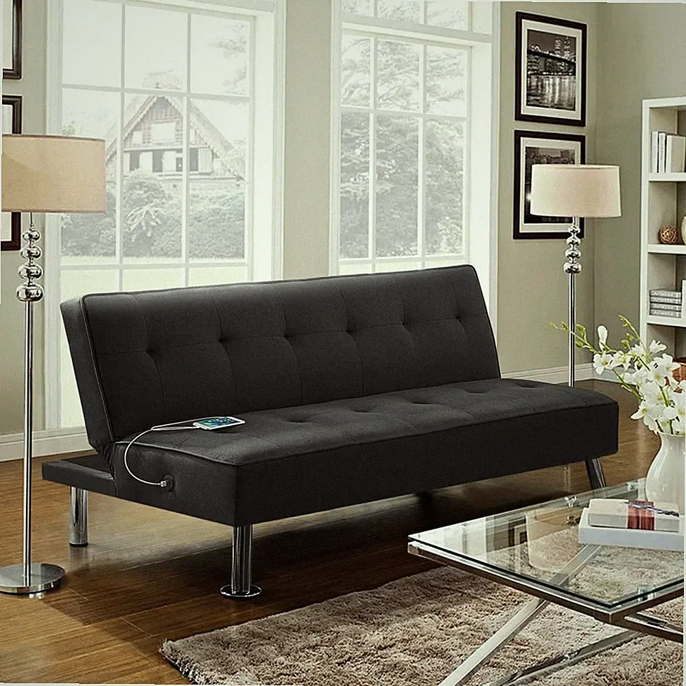 66" Modern Fabric Convertible Futon Sofa Bed with USB Charger Sleeper Guest Bed