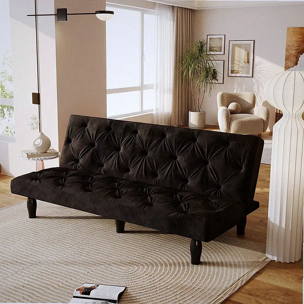 66" Modern Minimalist Velvet Futon Sofa Bed Black Adjustable Backrest Tufted