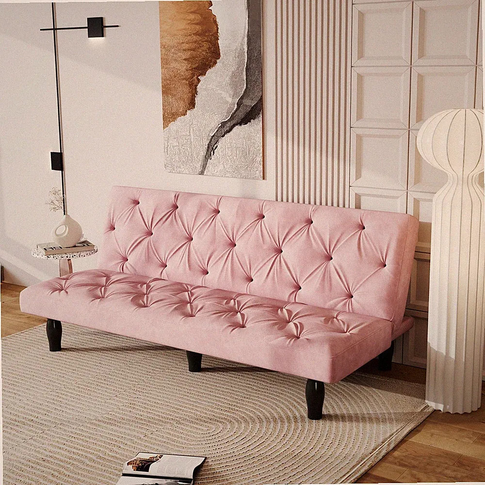 66" Pink Velvet Sofa Bed, Tufted Back, 3 Adjustable Positions, 500 lbs Capacity