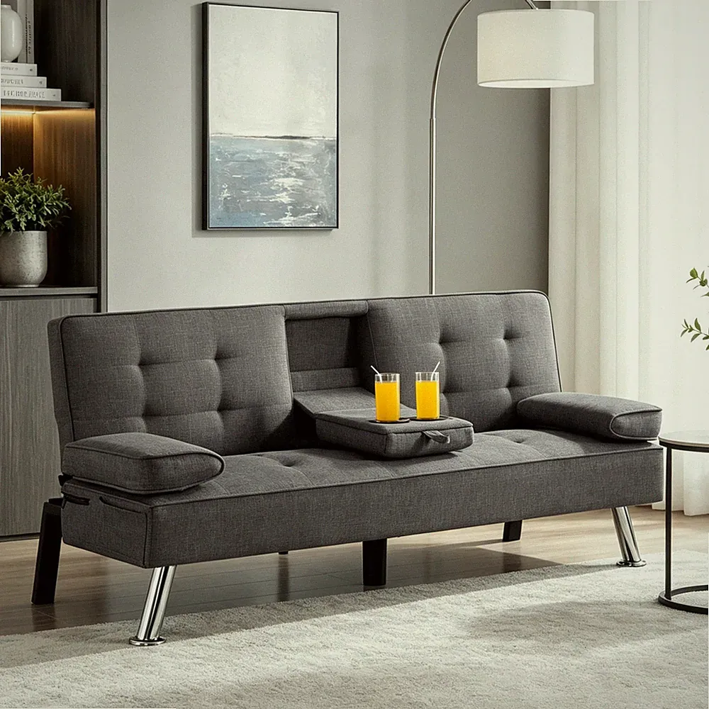 66" Polyester Futon Sofa Bed Gray Cup Holder Foldable Convertible Living Room