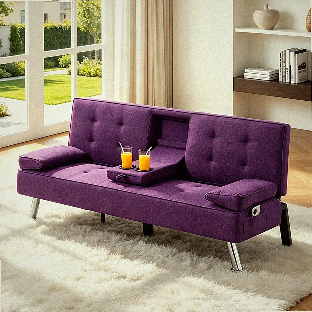 66" Polyester Futon Sofa Bed Modern Foldable Convertible Storage Small Spaces