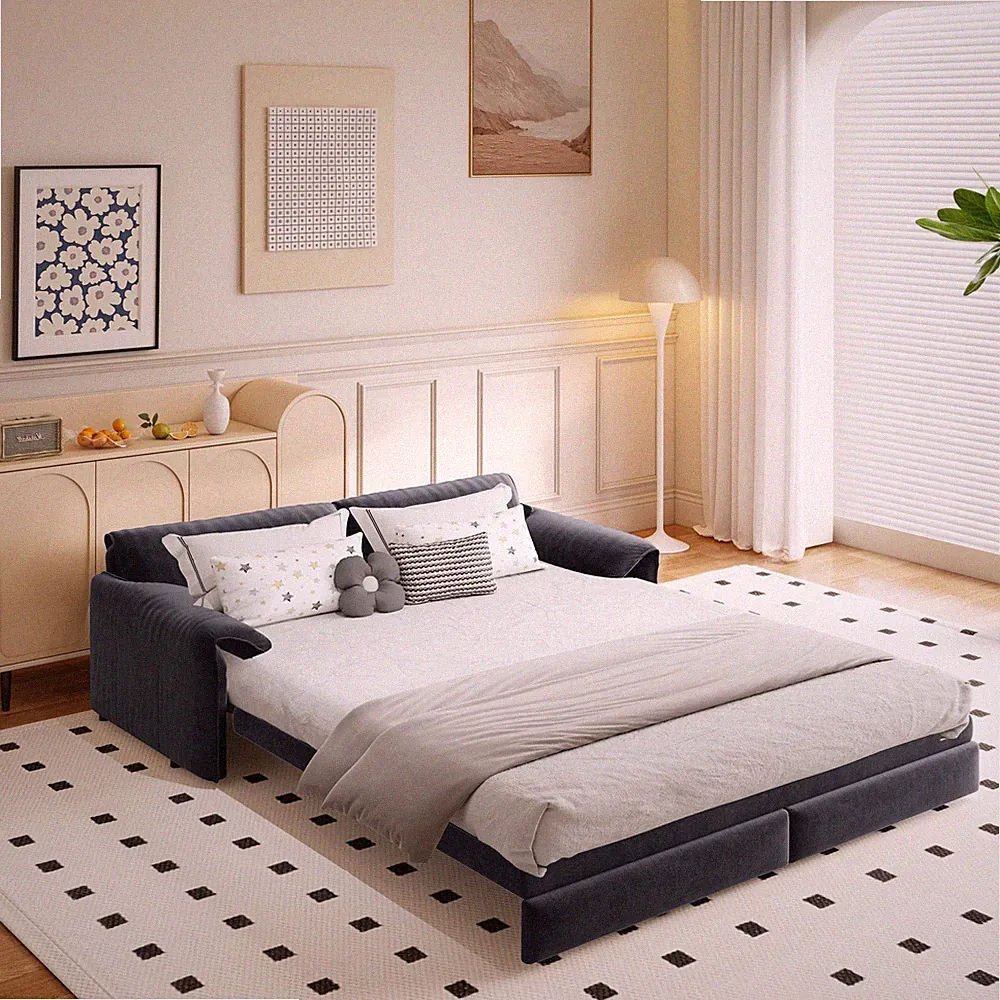66" Queen Pull Out Sofa Bed 3-in-1 Convertible Sleeper Couch Velvet Futon Grey