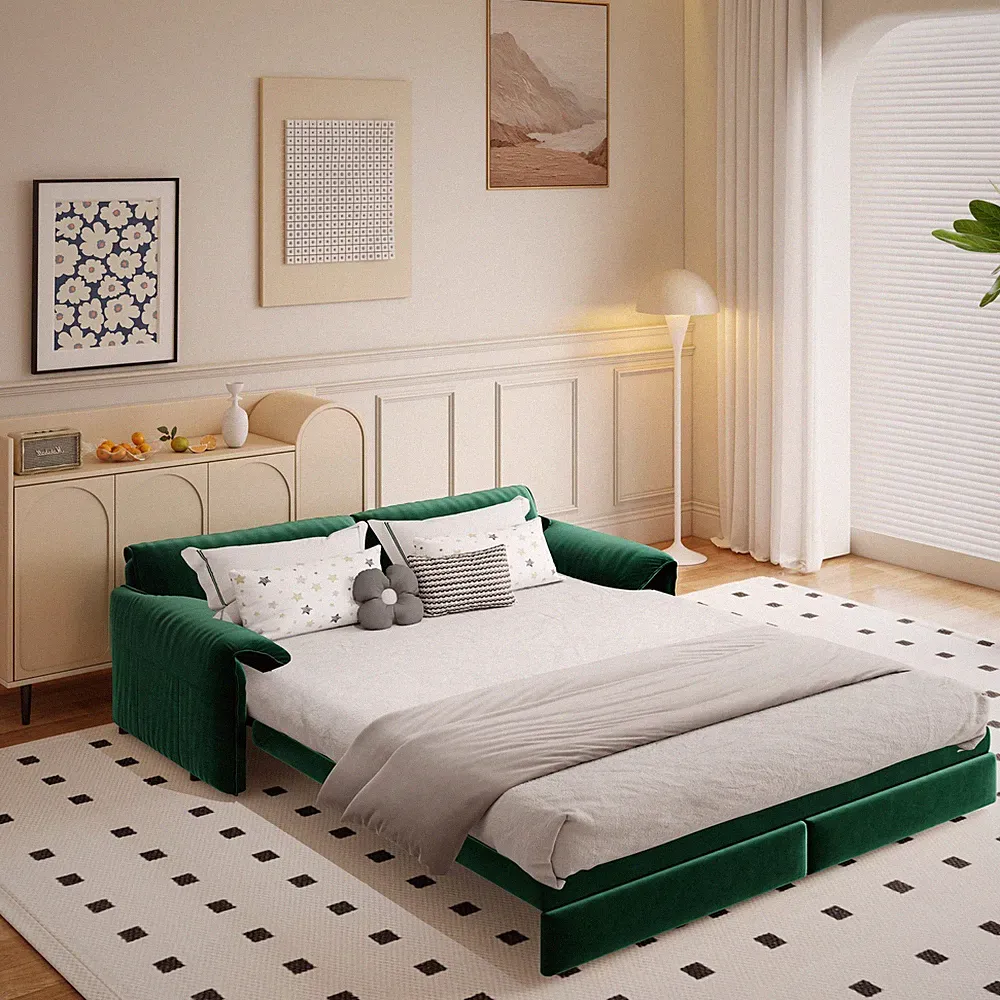 66" Queen Pull Out Sofa Bed,3-in-1 Convertible Sleeper Sofa w/Side Storage,M