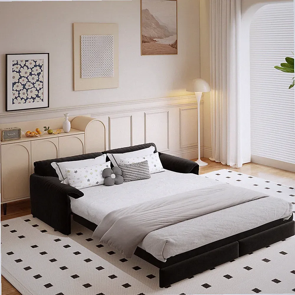 66" Queen Pull Out Sofa Bed,3-in-1 Convertible Sleeper Sofa w/Side Storage,Mu