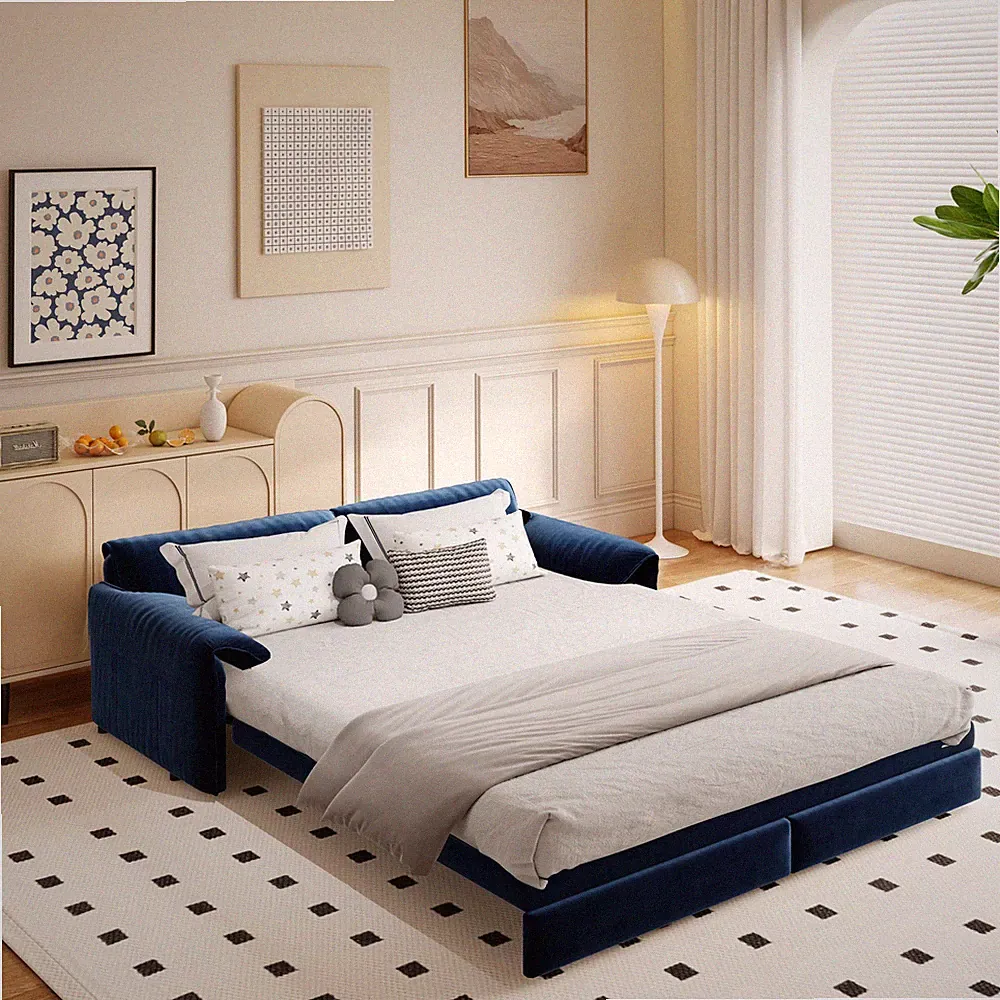 66" Queen Pull Out Sofa Bed,3-in-1 Convertible Sleeper Sofa w/Side Storage,Mul