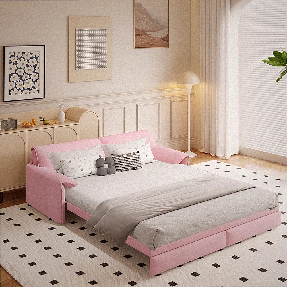 66" Queen Pull Out Sofa Bed,3-in-1 Convertible Sleeper Sofa w/Side Storage,Multi