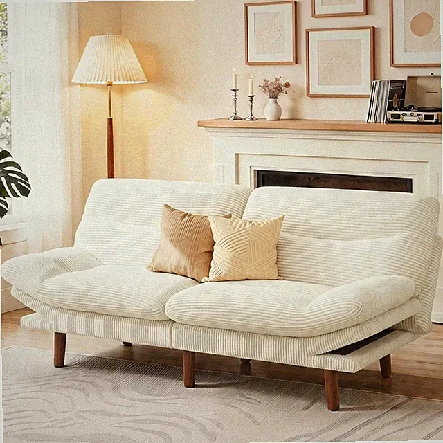 66in Futon Sofa Bed Convertible Corduroy Sleeper Loveseat Adjustable Cream White