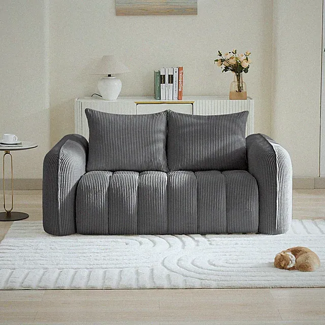 66in Grey Corduroy Loveseat 2-Seater Tufted Couch Round Armrest No Assembly