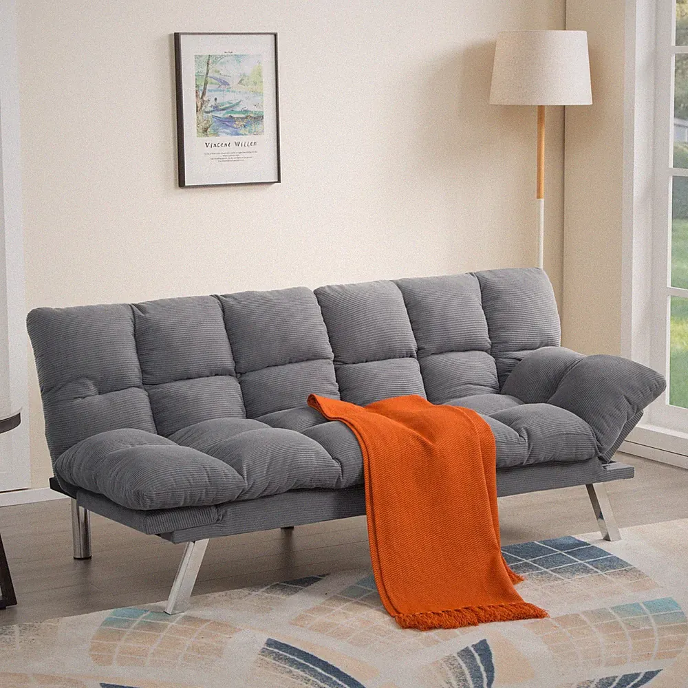 67.3" Gray Corduroy Futon Sofa Bed Adjustable Twin Sleeper Split Back Armrests