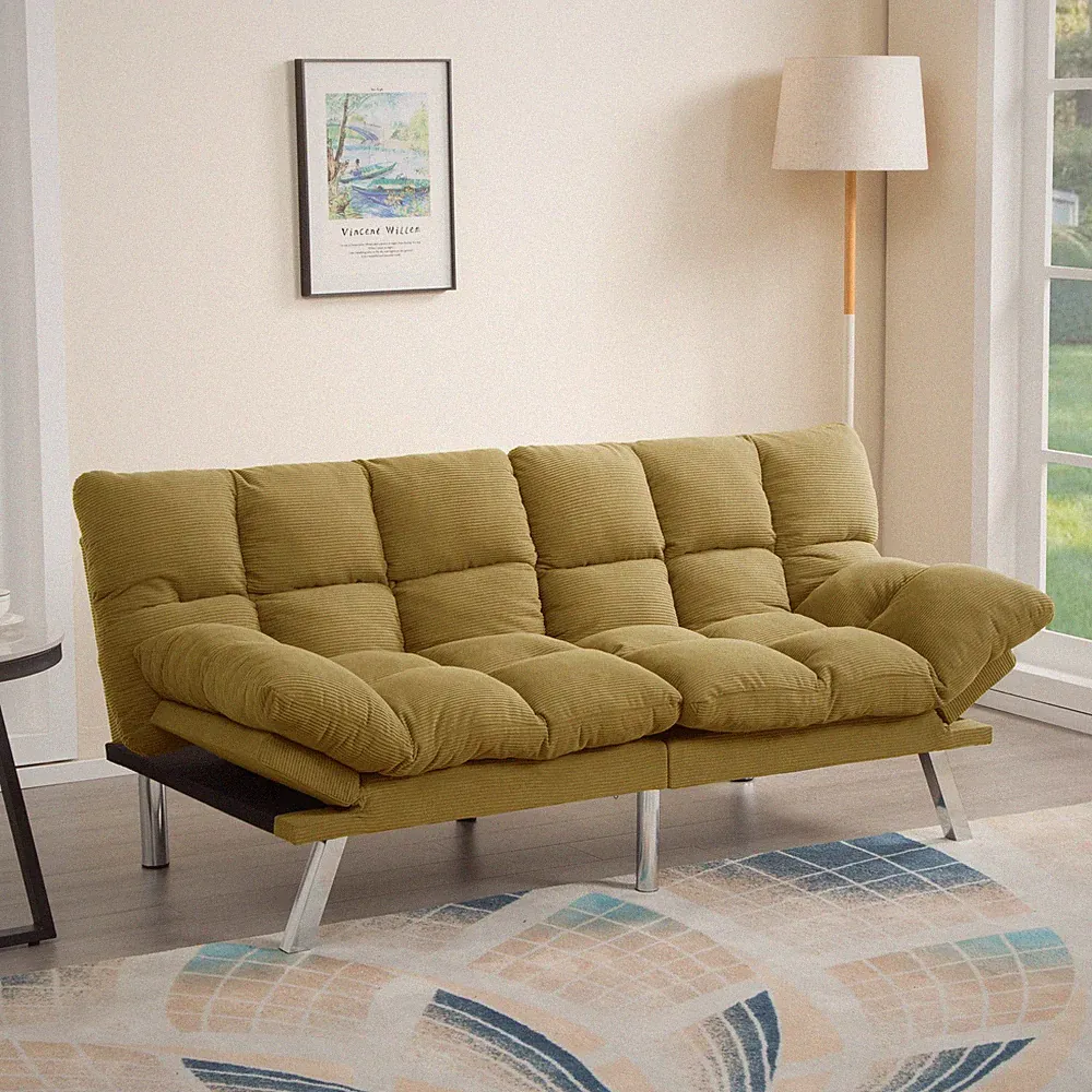 67.3" Yellow Corduroy Futon Sofa Bed Twin Sleeper Adjustable Split Back Loveseat