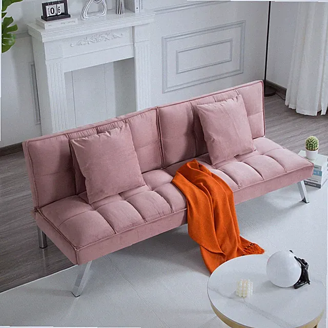 67.7" Velvet Futon Sofa Bed Twin Sleeper w/ 5-Position Adjustable Back 2 Pillows