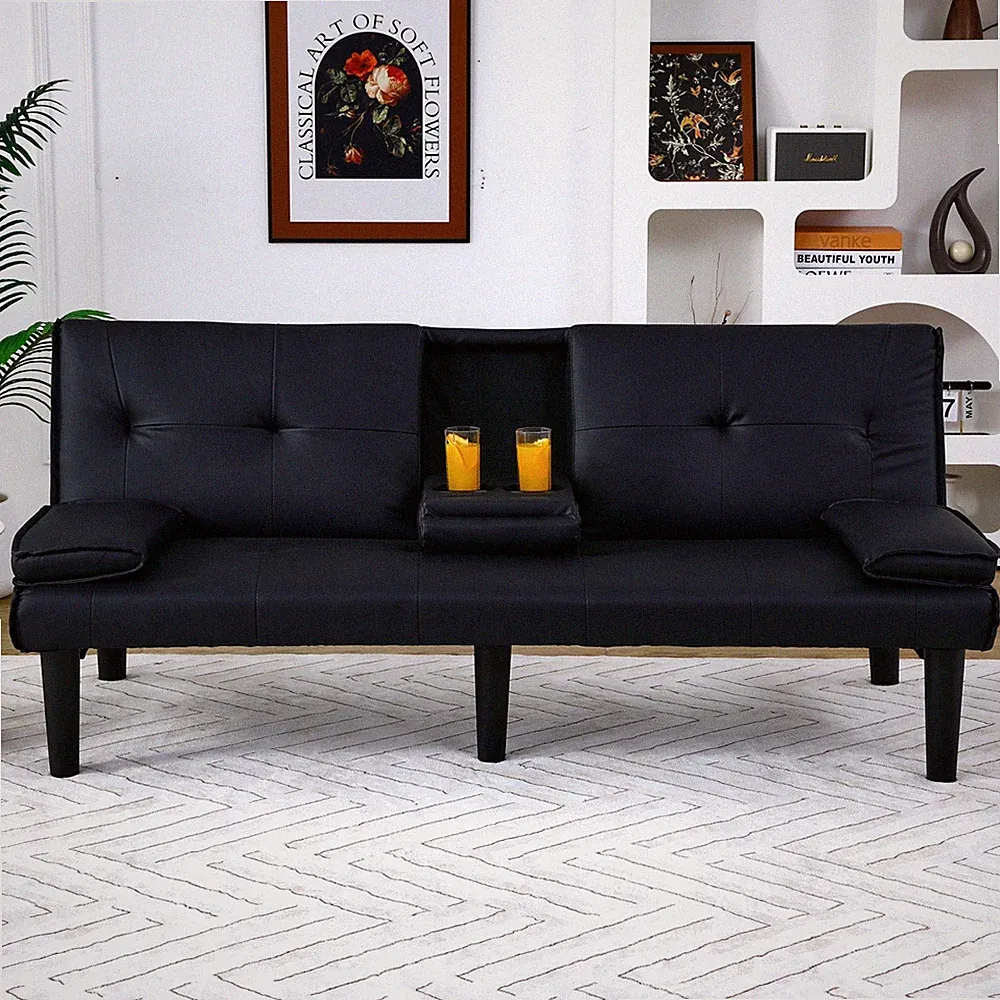 67" black PVC multi-functional sofa bed with a foldable and cup holder design